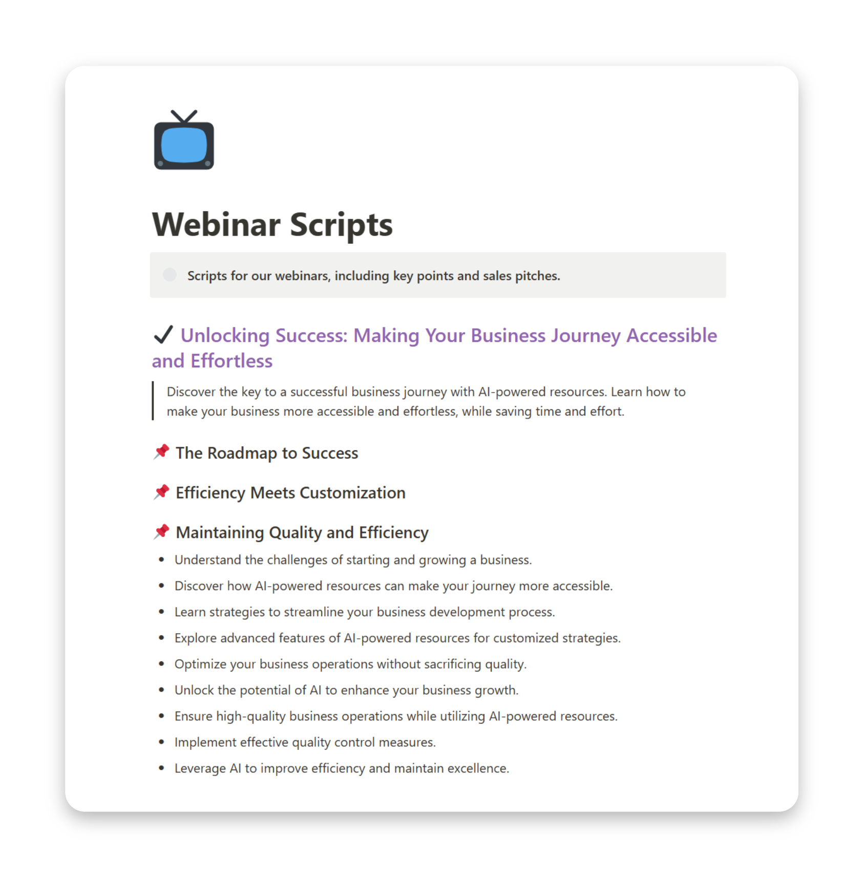 A screenshot of the 'Webinar Scripts' page on BundlyAI, illustrating how to generate engaging and impactful webinar scripts for your target audience.