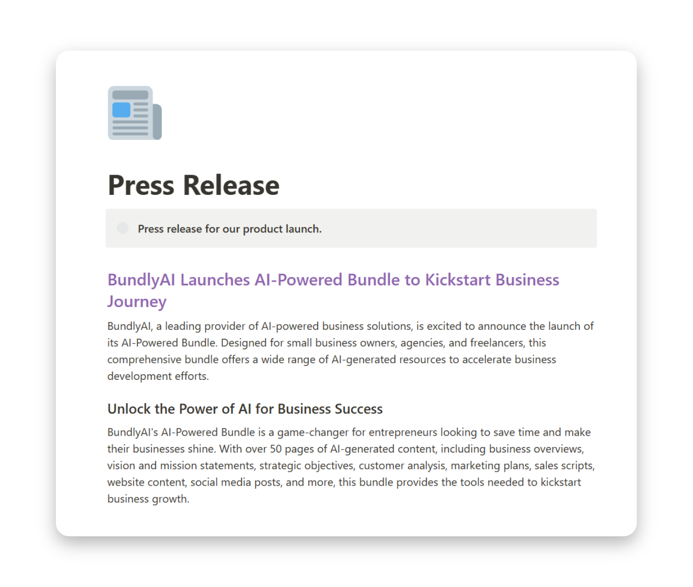 A screenshot of the 'Press Release' page on BundlyAI, showcasing how to craft catchy titles, engaging introductions, and comprehensive outlines for effective press releases.