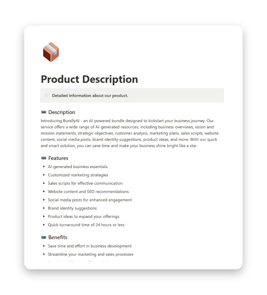 A screenshot of the 'Product Description' page on BundlyAI, illustrating a detailed explanation of a product or service, its key features, benefits, and technical specifications or scope of work.