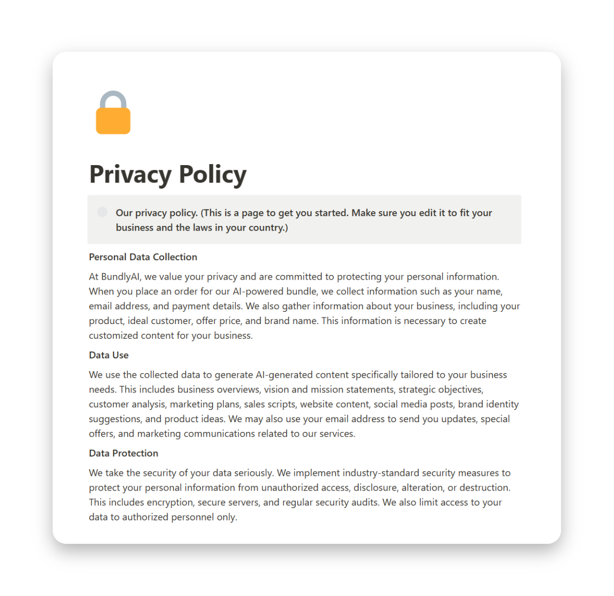 A screenshot of the 'Privacy Policy' page on BundlyAI, highlighting user data protection, usage, rights, and compliance with legal standards.