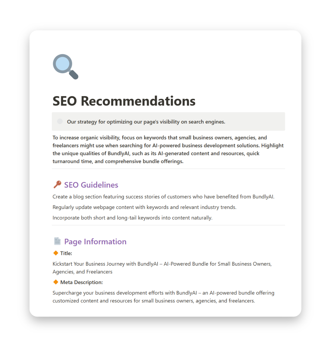 A screenshot of the 'SEO Helper' page on BundlyAI, showcasing a comprehensive guide to boosting organic traffic and crafting SEO-friendly content.