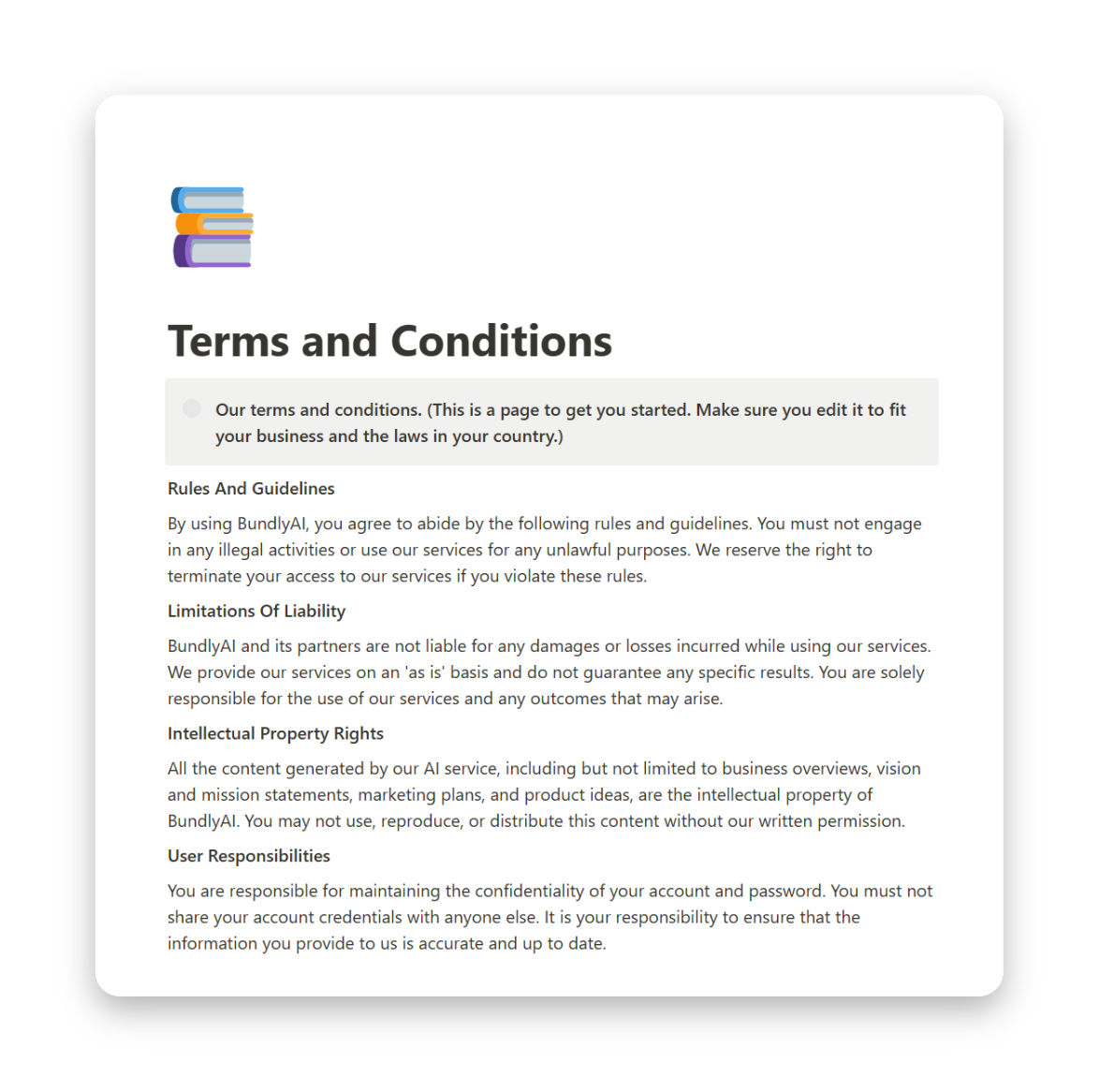 A screenshot of the 'Terms and Conditions' page on BundlyAI, outlining the rules, guidelines, responsibilities, and liabilities related to the use of your service or product.