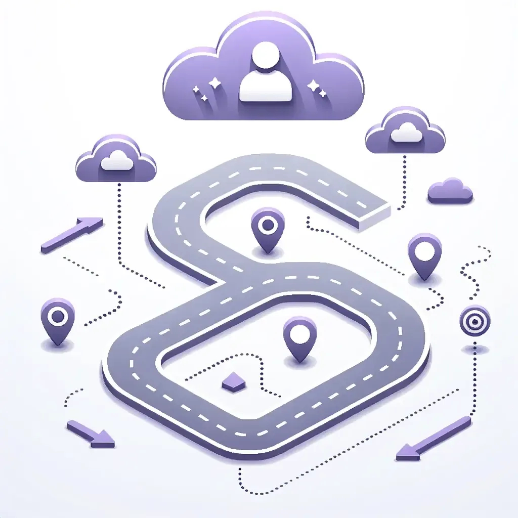 Vector design on a white background of a simplified road or path in shades of gray, winding from a starting point to a destination. Along the path, there are markers or touchpoints, highlighted in purple. Above the path, a floating cloud in purple contains a user icon and arrows, symbolizing the customer's journey.