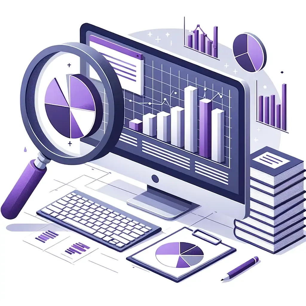 Illustration on a white background of a sleek desk with a computer displaying bar graphs and pie charts in shades of gray and purple, indicating market data. Beside the computer, there are stacked reports with highlighted insights. Floating above the desk, a magnifying glass in purple focuses on a segment of the market data.