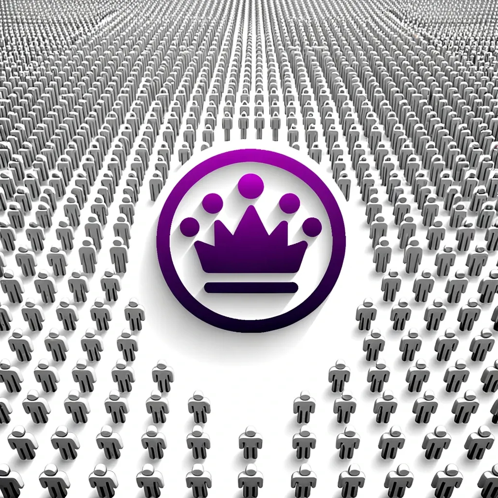 Vector design on a white background of a crowd of generic gray logos. Standing out in the center is a vibrant, unique logo in shades of purple, representing a distinct brand identity. Above the unique logo, a crown in purple signifies dominance and uniqueness in the market.