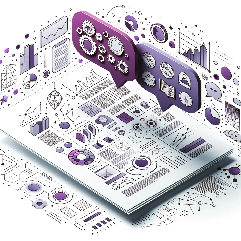 Illustration on a white background of a digital document filled with technical diagrams and graphs in shades of gray. Overlaying the document, vibrant speech bubbles in purple contain engaging graphics and icons, symbolizing the blend of technicality with engaging content.