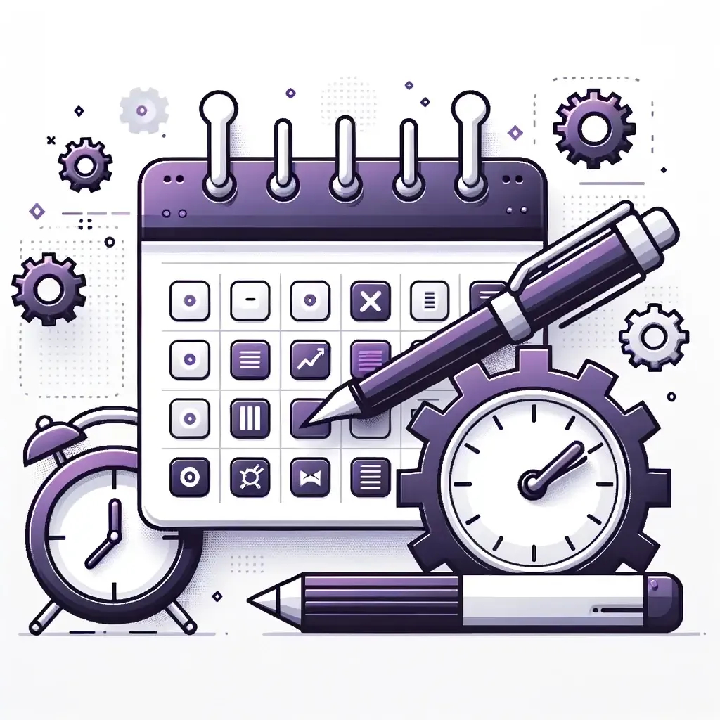 Vector design on a white background of a sleek digital calendar with event markers. Beside the calendar, a digital clock is fast-forwarding, symbolizing saved time. Above them, floating icons of a pen automating its writing and a gear in shades of purple signify automated content creation.