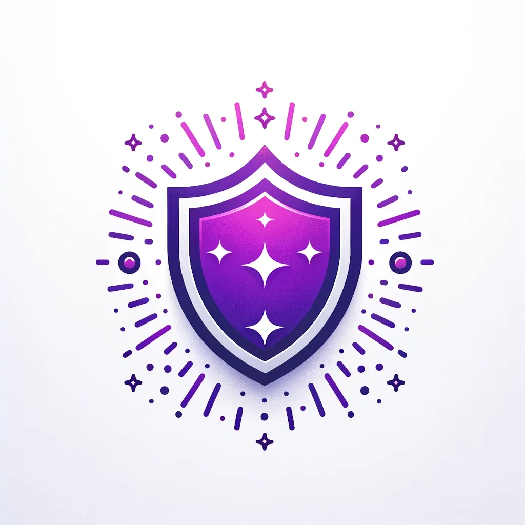 Vector design on a white background of a shield, representing trust and strength, with a vibrant logo in its center in shades of purple. Surrounding the shield, glowing rays and stars emphasize the standout nature of the brand, signifying enhancement and attraction.