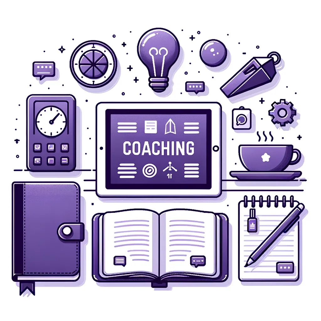 Illustration on a white background of a neatly organized desk with a digital tablet displaying coaching materials, a notebook, and a pen, all in shades of purple. Floating above the desk, icons like a book, a training whistle, and a light bulb symbolize material creation, coaching, and insights.