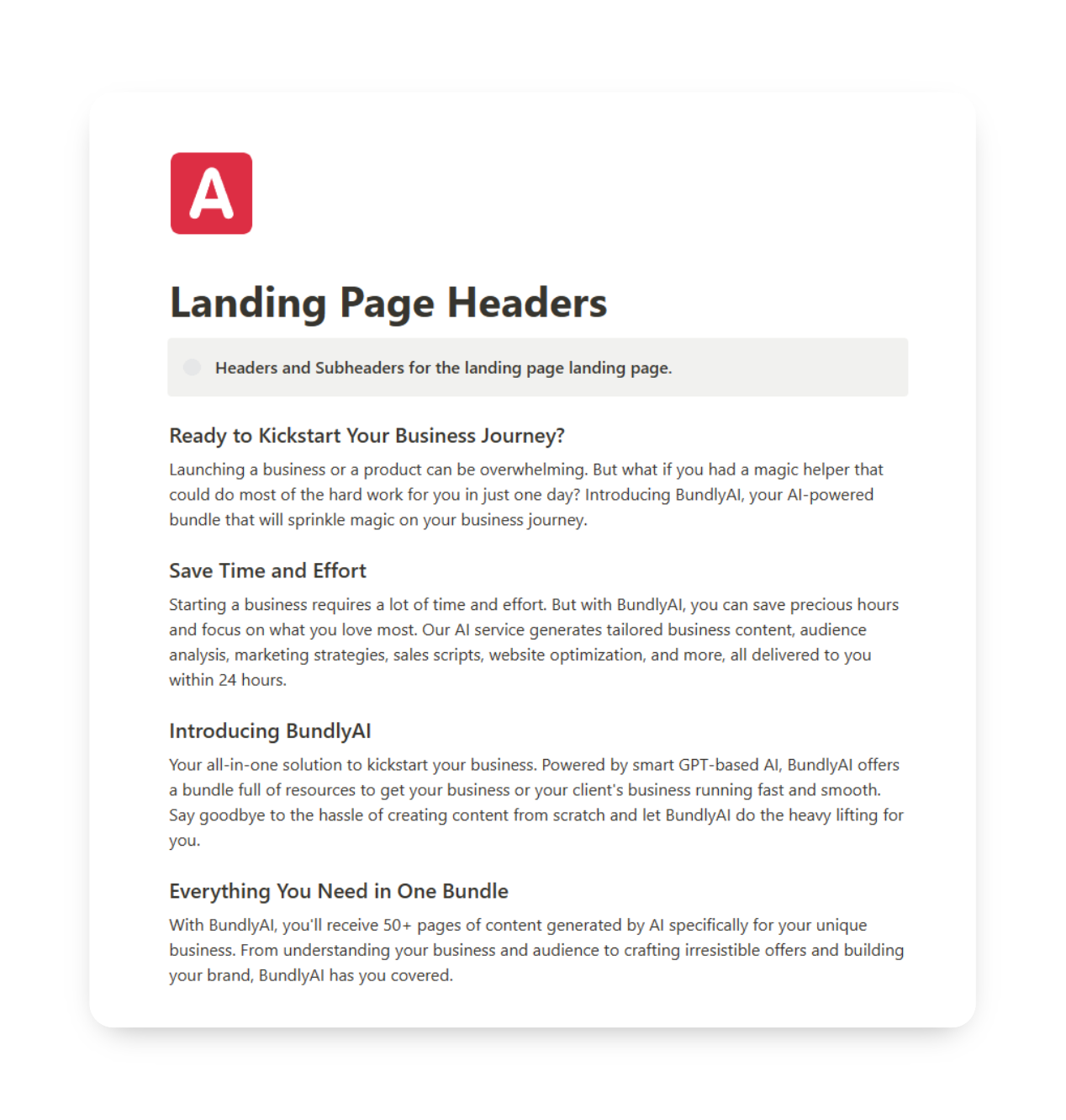 A screenshot of the Landing Page Headings feature on BundlyAI, showcasing 10 distinct sections with engaging content to guide visitors through a captivating story.