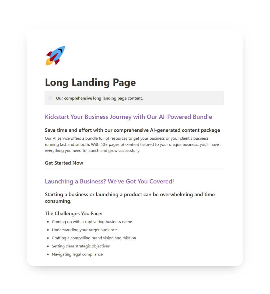 A comprehensive view of the Long Landing Page generator on BundlyAI, showcasing how to create a structured and compelling landing page.