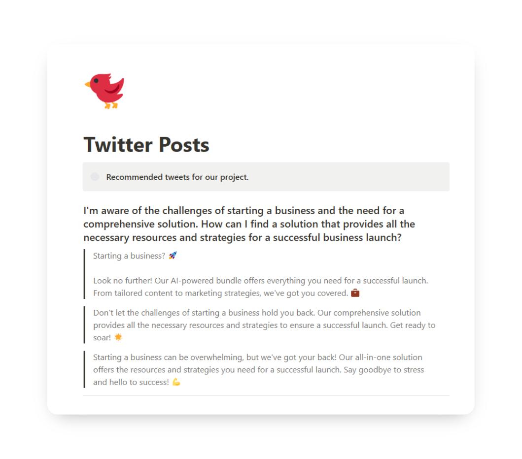 A screenshot of the 'Twitter Posts' page on BundlyAI, showcasing the generation of engaging, problem-solving standalone tweets for your business.