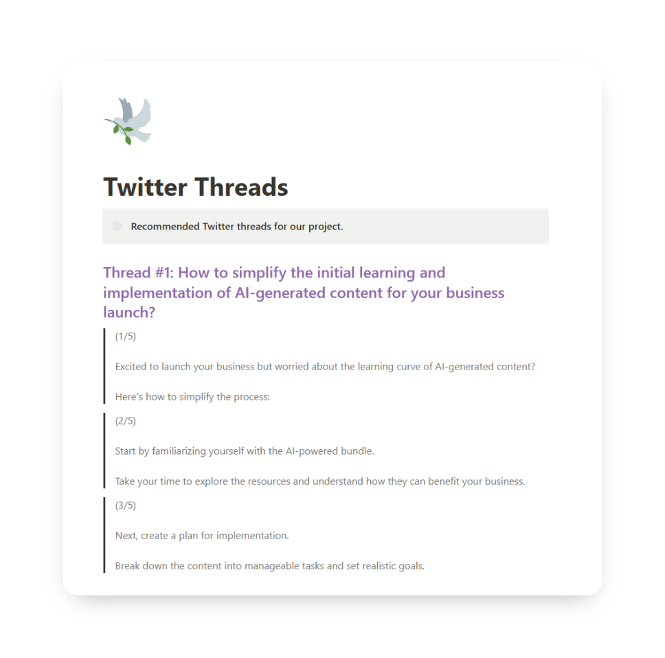 A screenshot of the 'Twitter Threads' page on BundlyAI, showcasing how to generate engaging and informative Twitter threads for your audience.