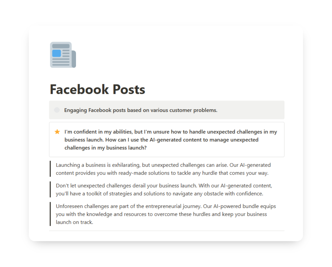 A screenshot of the 'Facebook Posts' page on BundlyAI, showcasing various post styles for engaging and growing your Facebook audience.