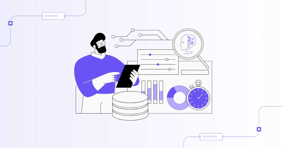 Illustration of a professional analyzing data ownership metrics on a tablet, surrounded by visuals of AI, data charts, cloud infrastructure, and security, emphasizing the importance of data control and governance.