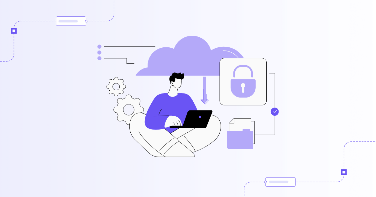 Illustration of cloud data security showing a person working on a laptop with cloud icons, padlock symbol, and secure file management, representing encryption, access controls, and safe data storage in cloud computing.