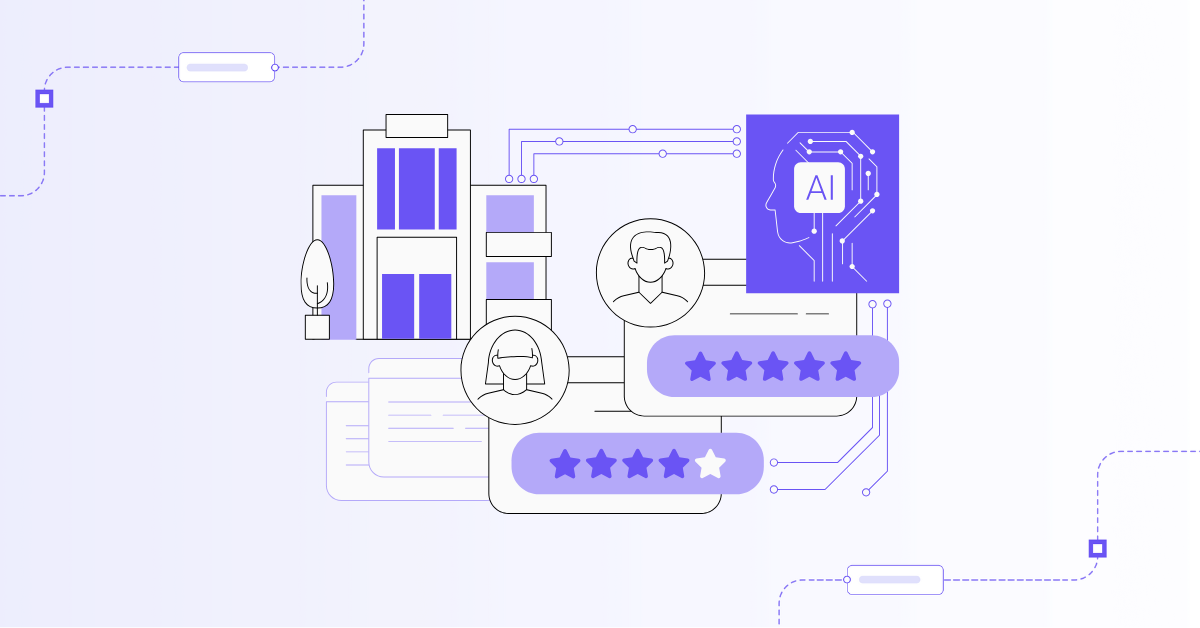 Eine Illustration automatisierter Zutrittskontrollen, die ein Gebäude zeigt, das mit KI, Benutzerprofilen und Sternebewertungen verbunden ist und eine optimierte und effiziente Zutrittskontrolle nahelegt.