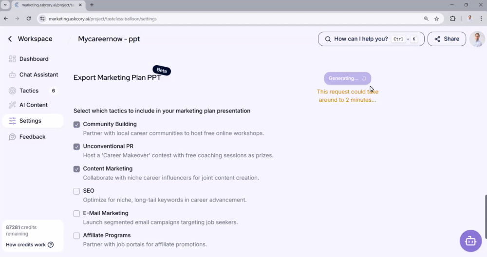 AskCory.ai marketing plan powerpoint generator