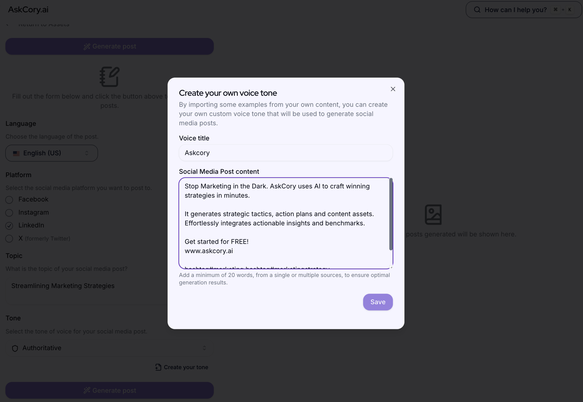 create custom tone of voice on AskCory