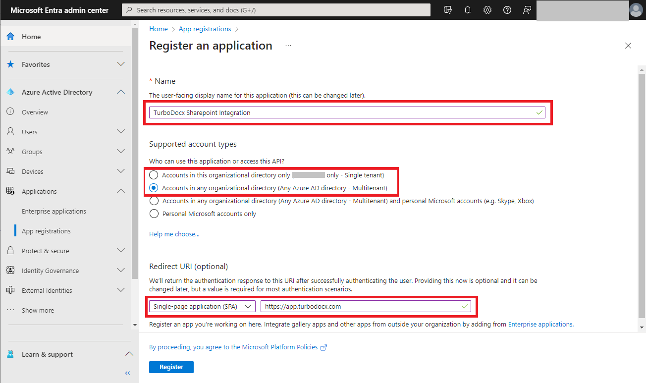 Entering the proper account type and redirect URI into AzureAD for Sharepoint Integration