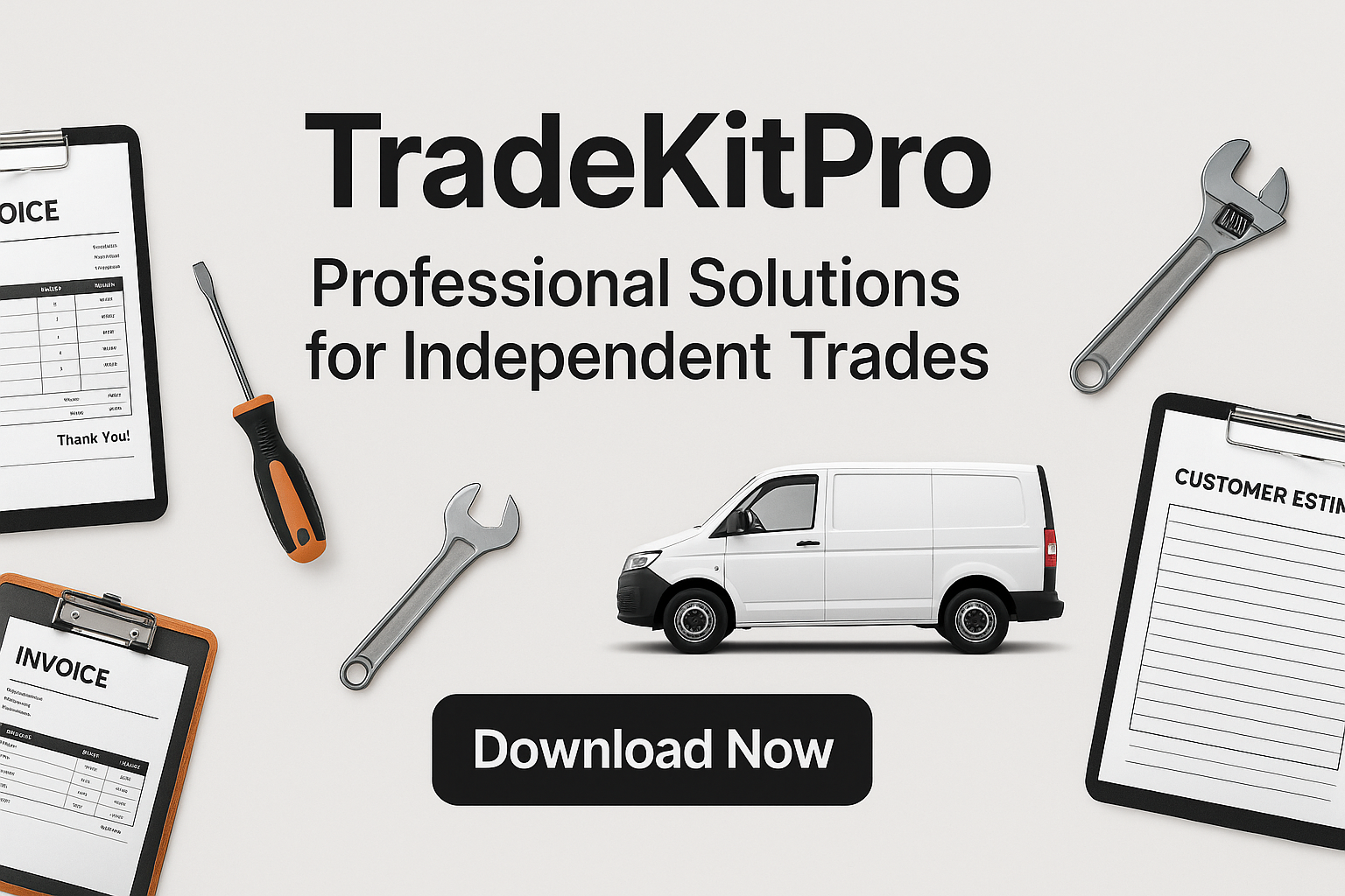 TradeKitPro cover image showing invoices, tools, a van, and a download button for tradespeople solutions