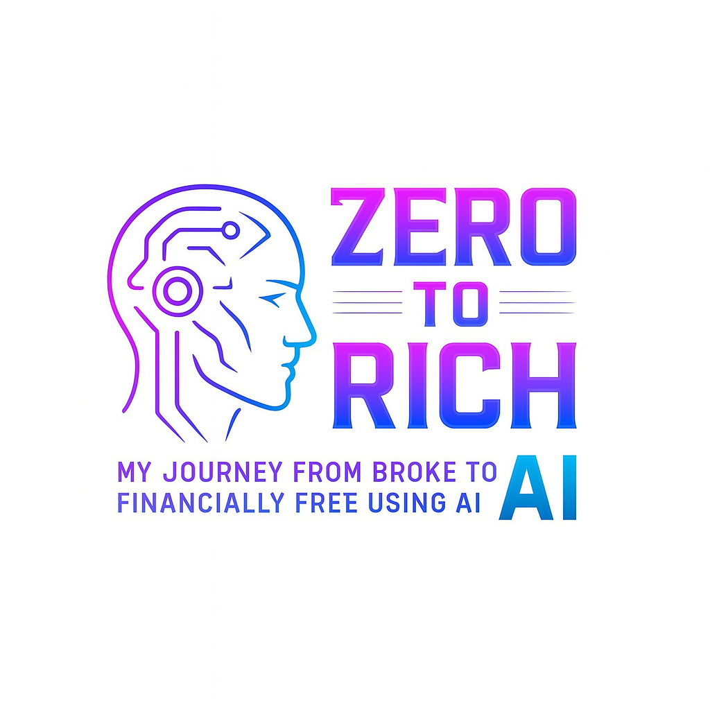 Zero to Rich AI brand logo with futuristic head profile and tagline 'My Journey from Broke to Financially Free Using AI'