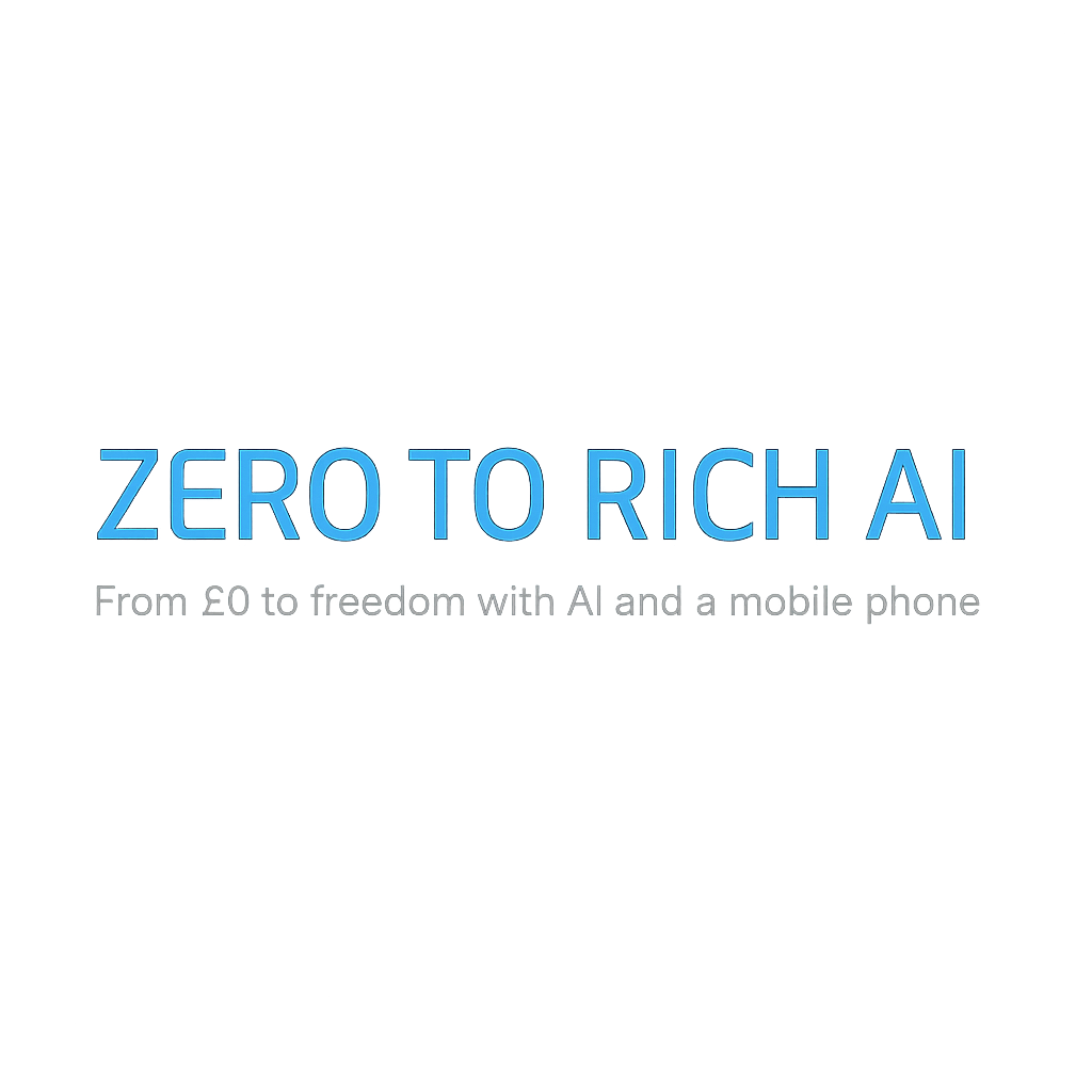 Promotional banner for Zero to Rich AI – empowering income with AI tools and automation, featuring sleek tech-inspired background and bold gradient text