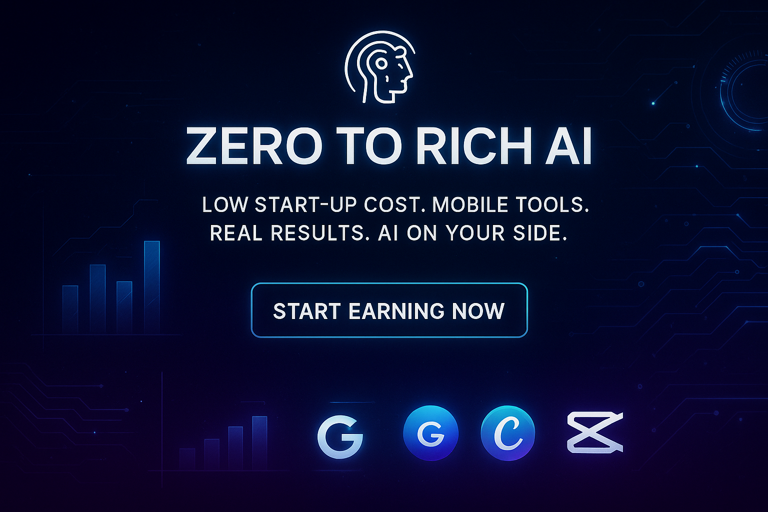 Zero to Rich AI call-to-action banner featuring a futuristic city background, bold 'Start Earning Now' text, and visual button for launching the journey