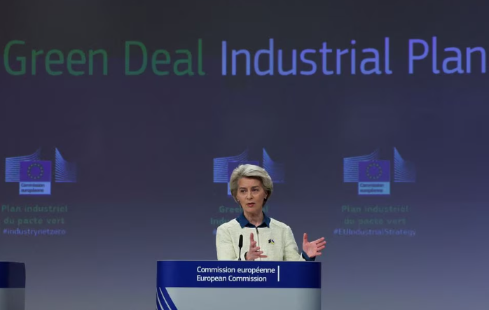 European Commission President Ursula von der Leyen presents a "communication" detailing the EU's "Green Deal Industrial Plan"