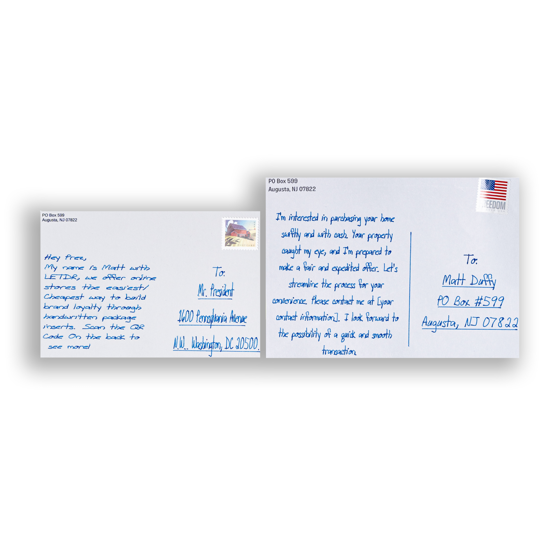 Two postcards, both with a stamp, showcasing handwritten messages. 