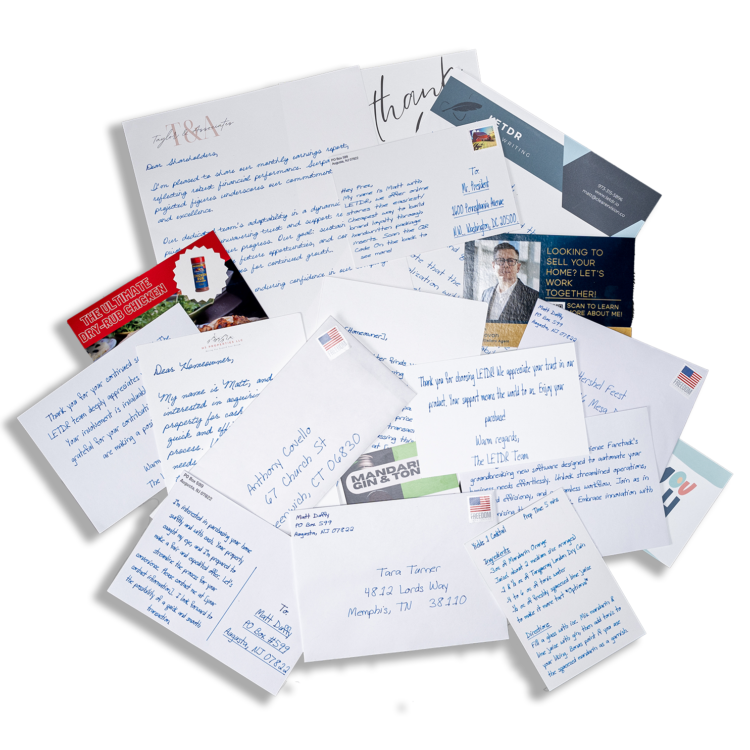 A stack of letters and envelopes with handwritten messages.