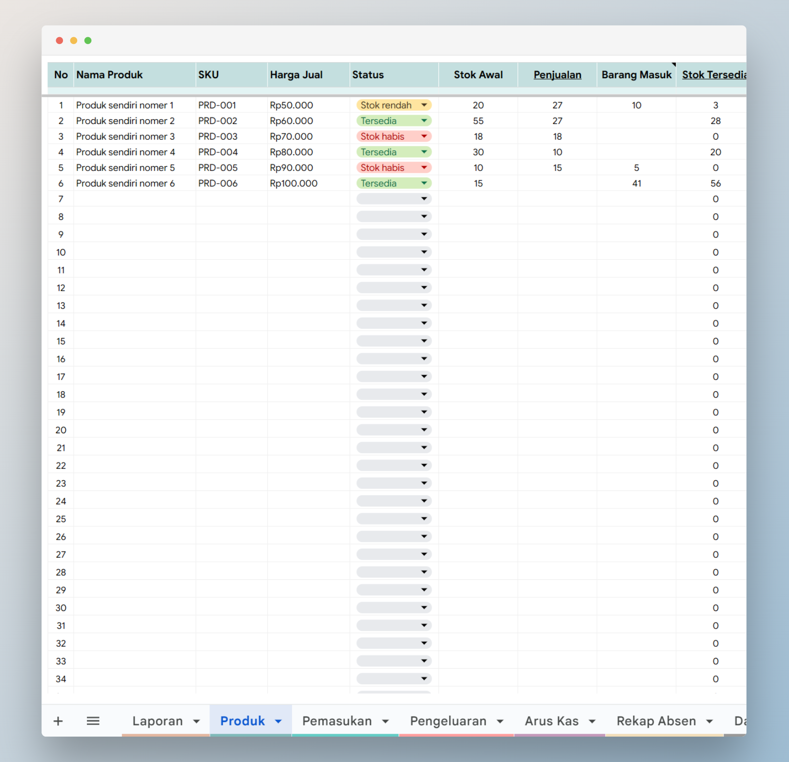 spreadsheet produk umkm