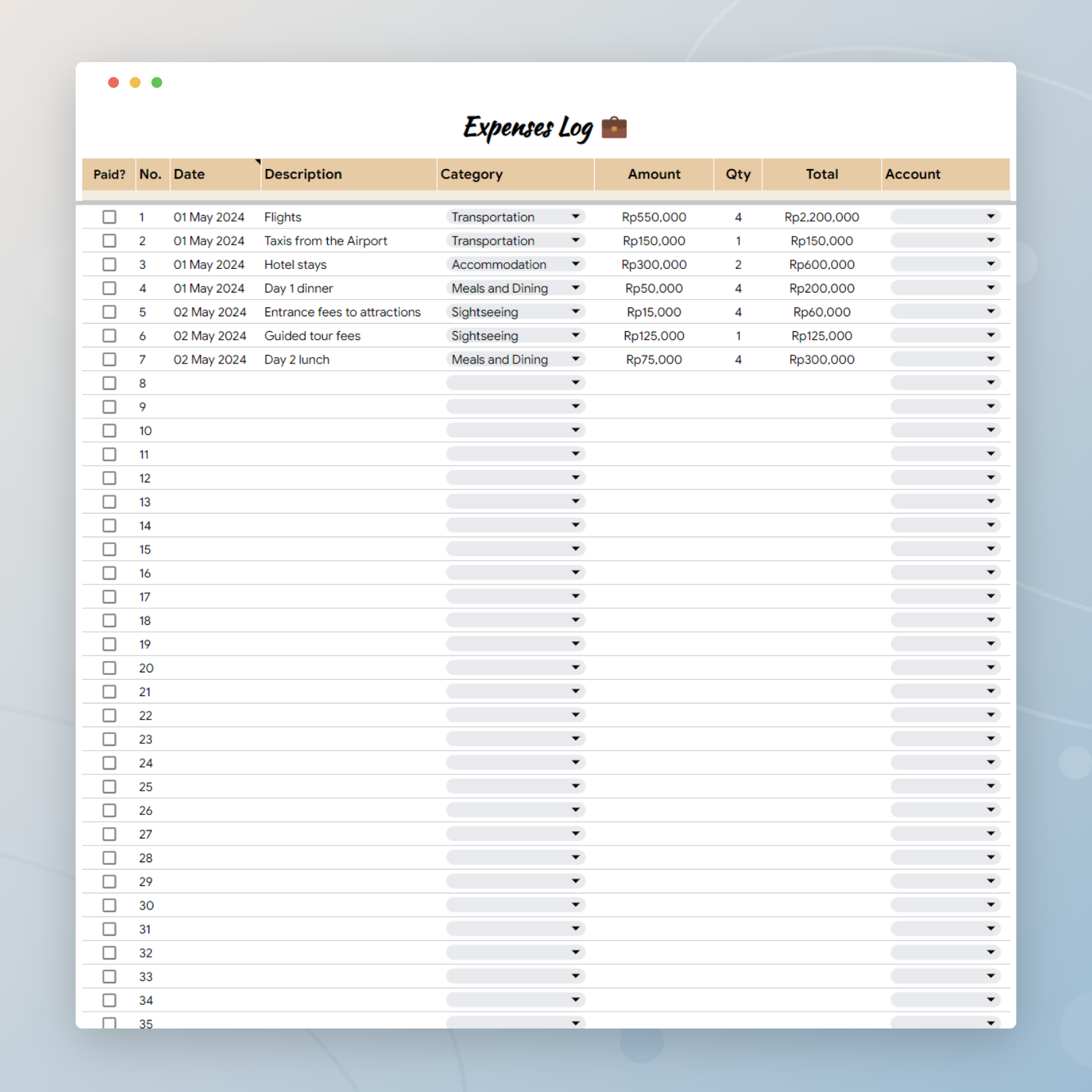 travel budget template google sheets