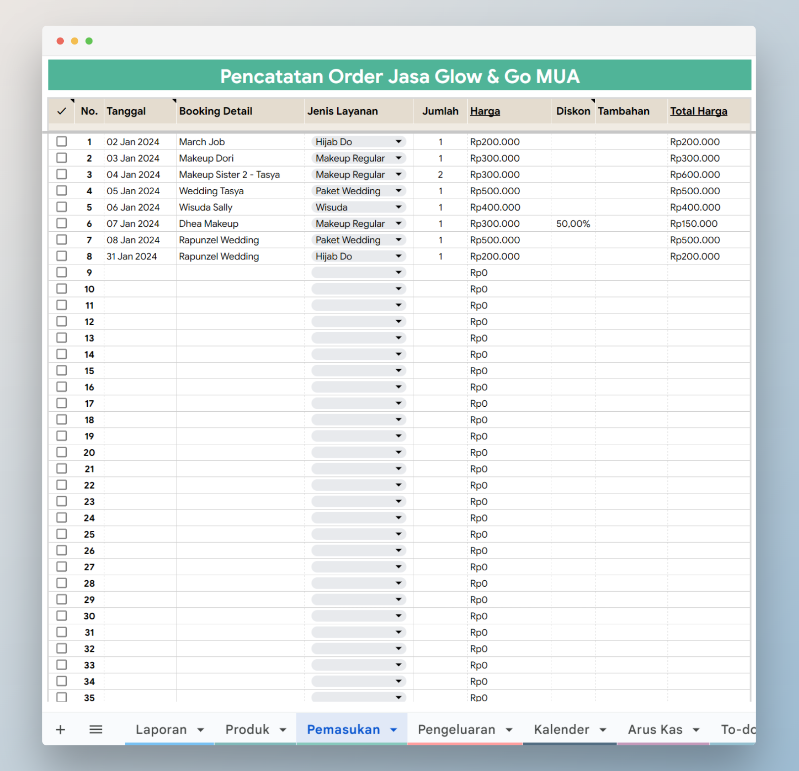 Catatan pemasukan Template Google Sheet Usaha Berbasis Jasa