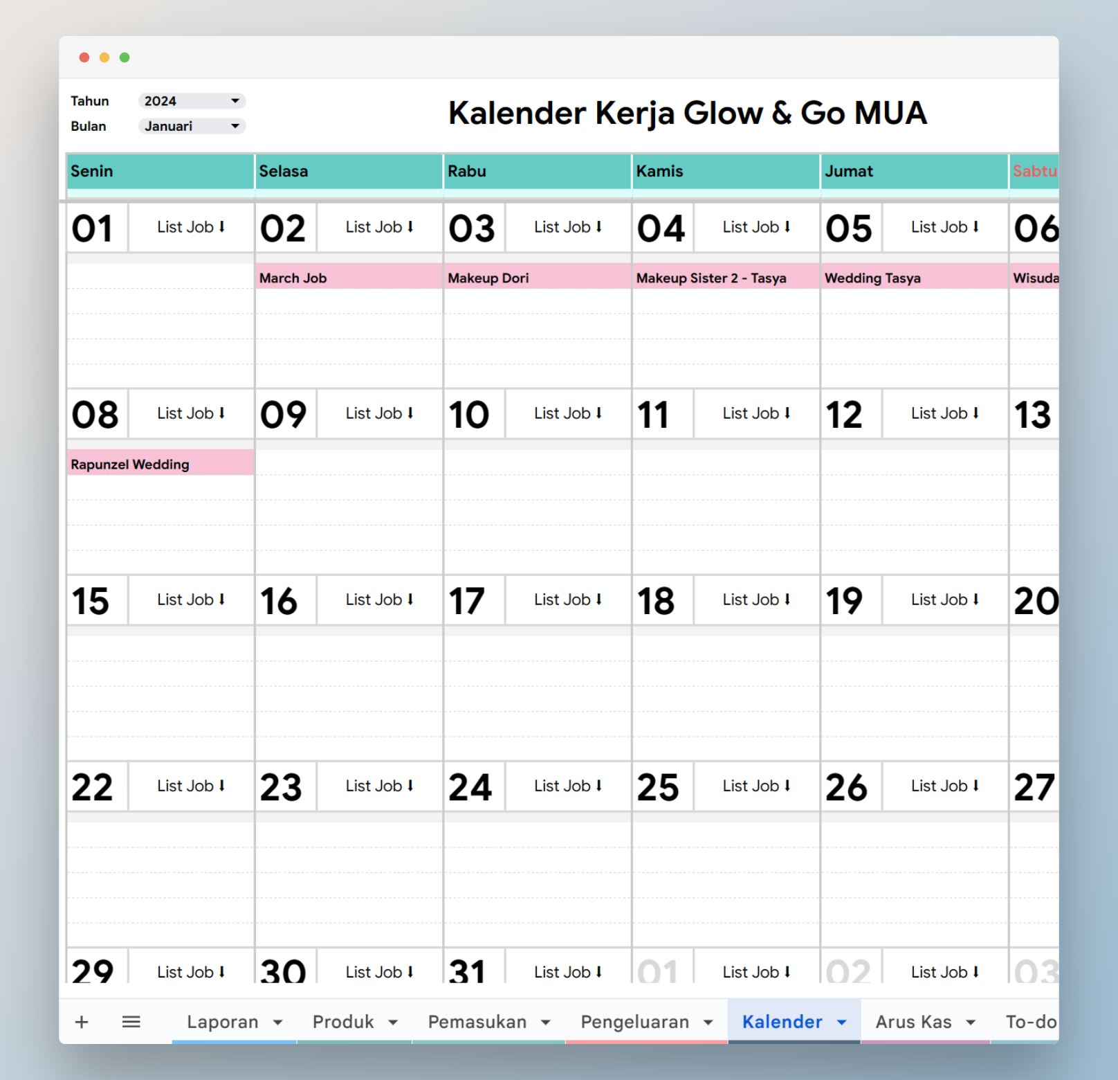 kalender kerja Template Google Sheet Usaha Berbasis Jasa