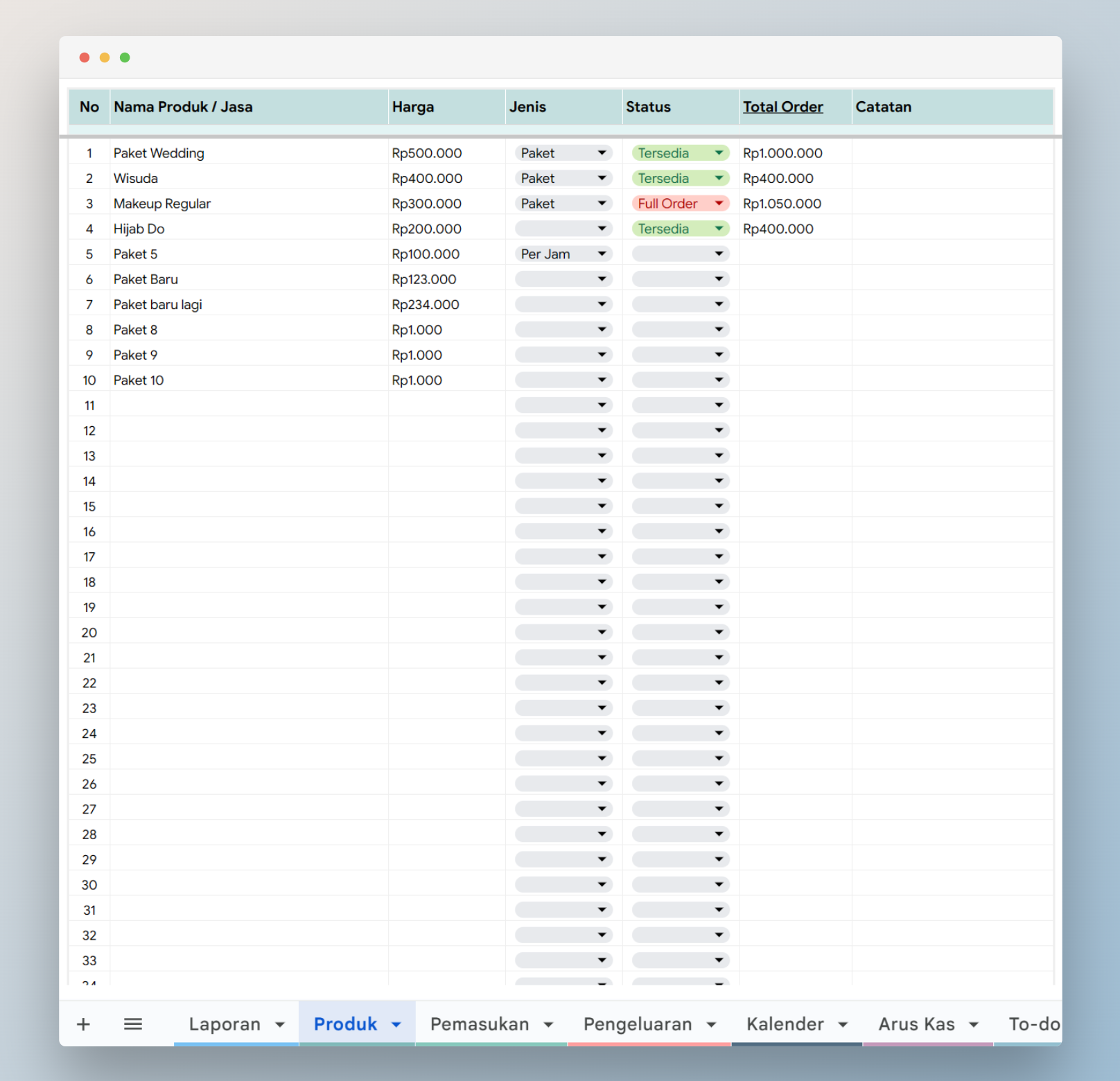 List produk Template Google Sheet Usaha Berbasis Jasa