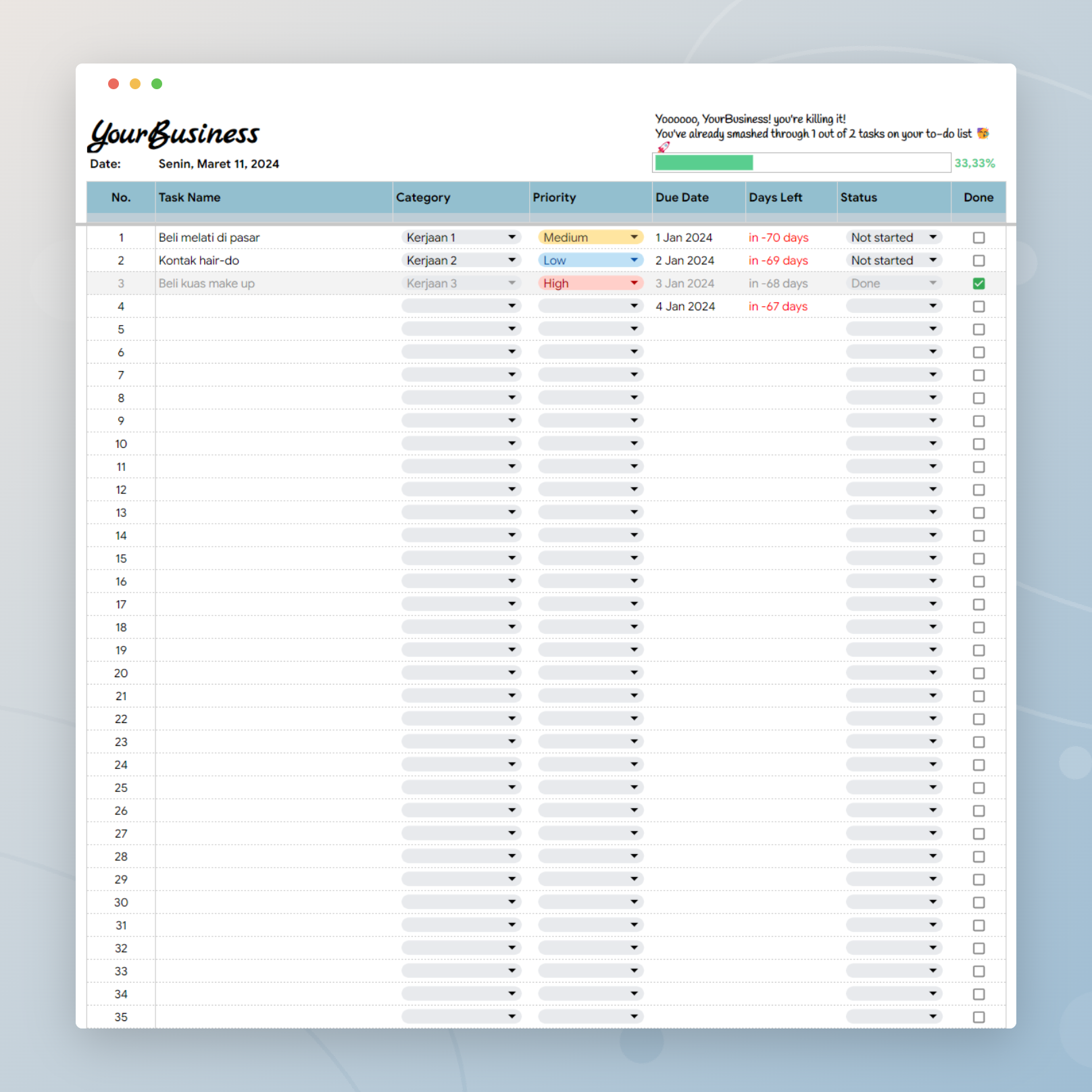 To do list Template Google Sheet Usaha Berbasis Jasa