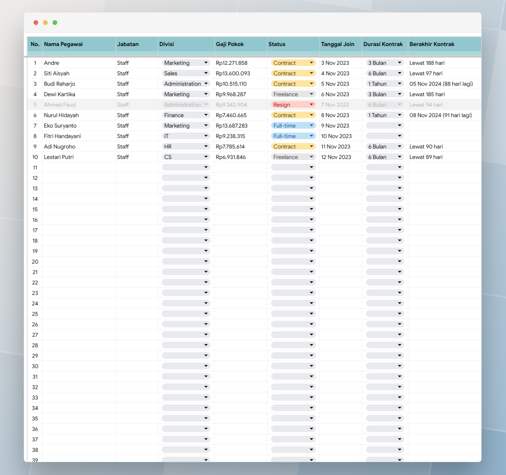 template Google Sheets catatan data pegawai