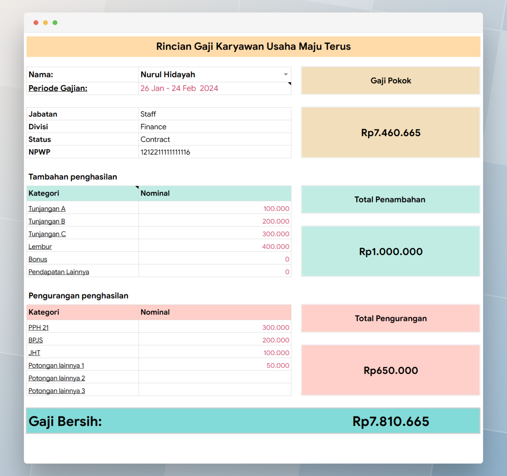 template Google Sheets rincian gaji