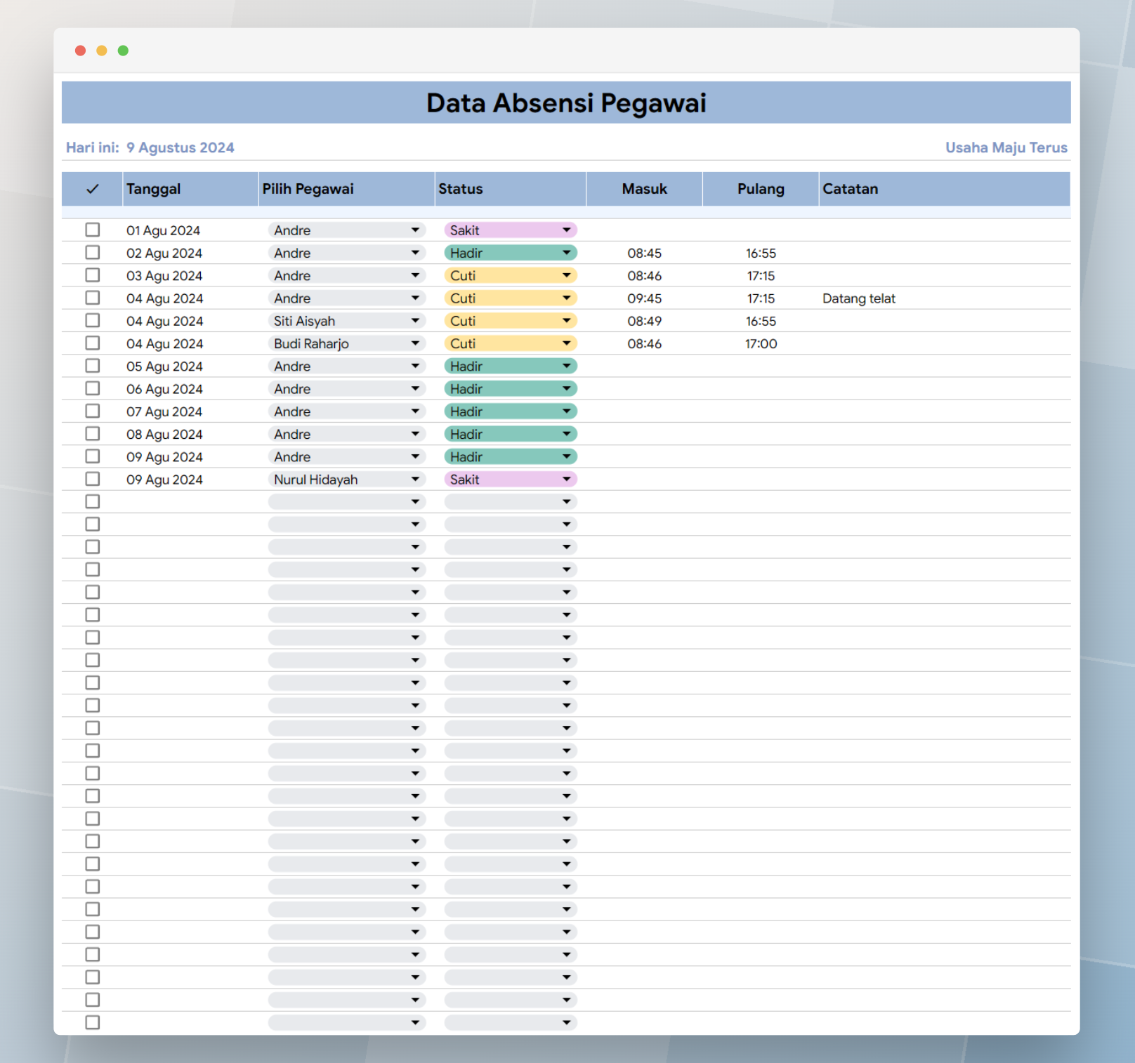 template Google Sheets HRD absensi