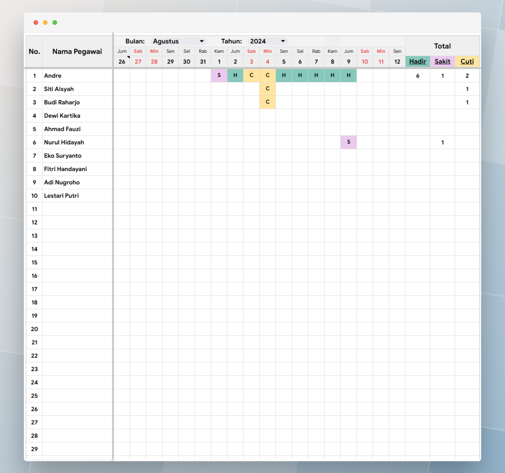 template Google Sheets HRD absen