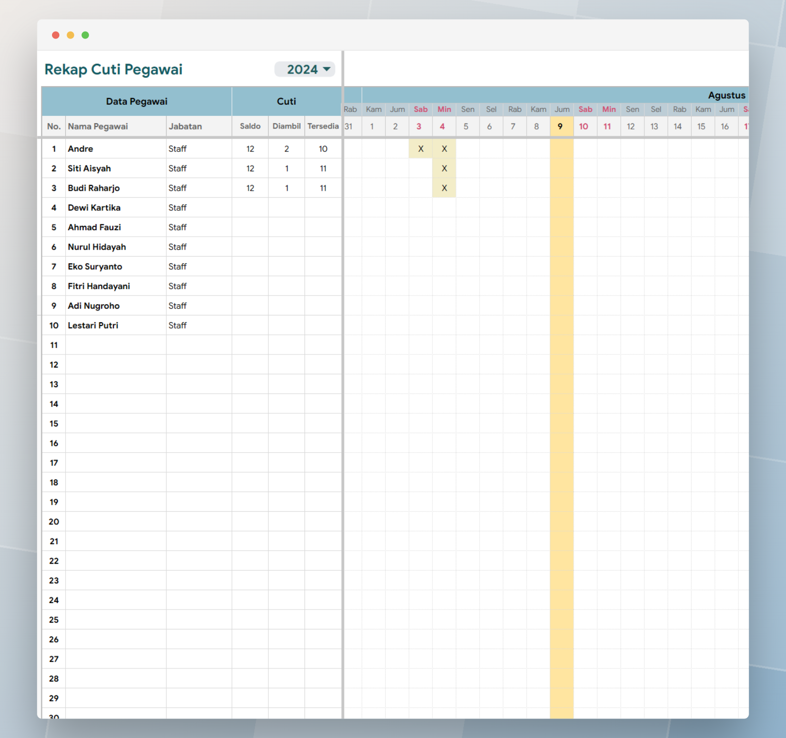 template Google Sheets HRD cuti