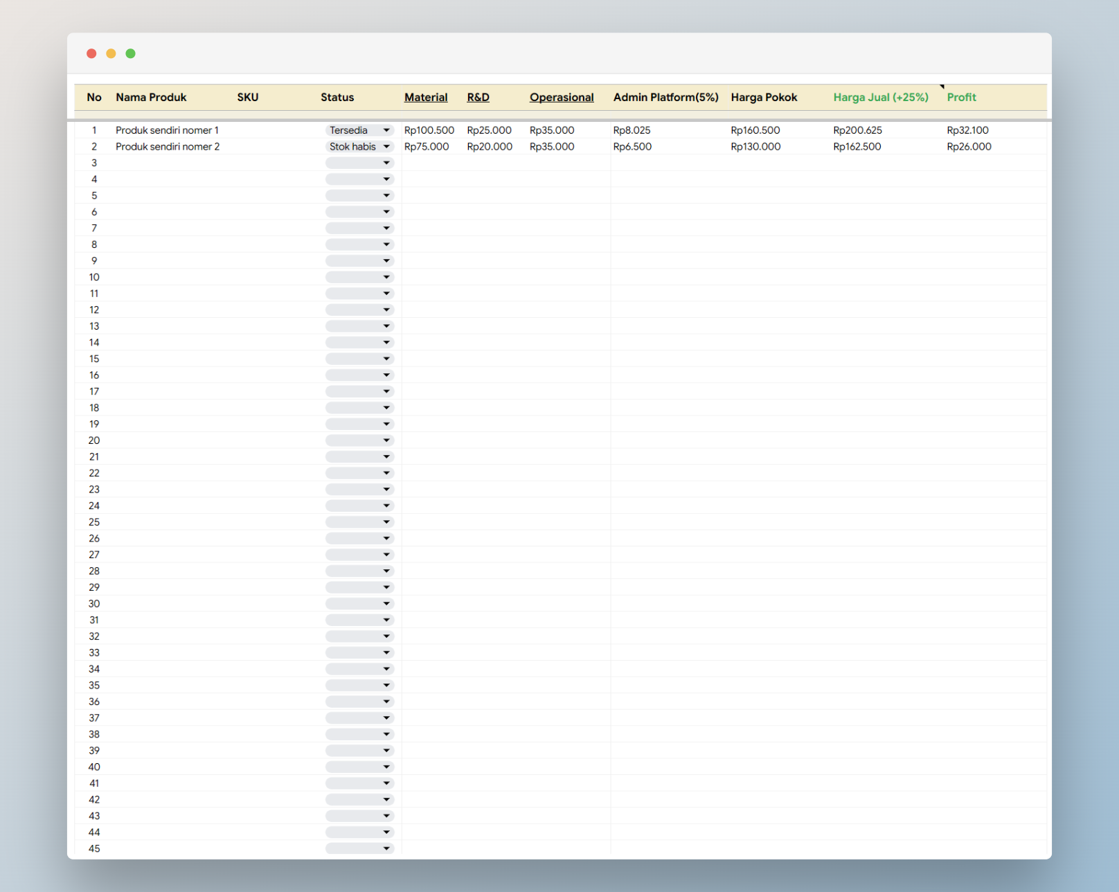 template simulasi HPP Google Sheets