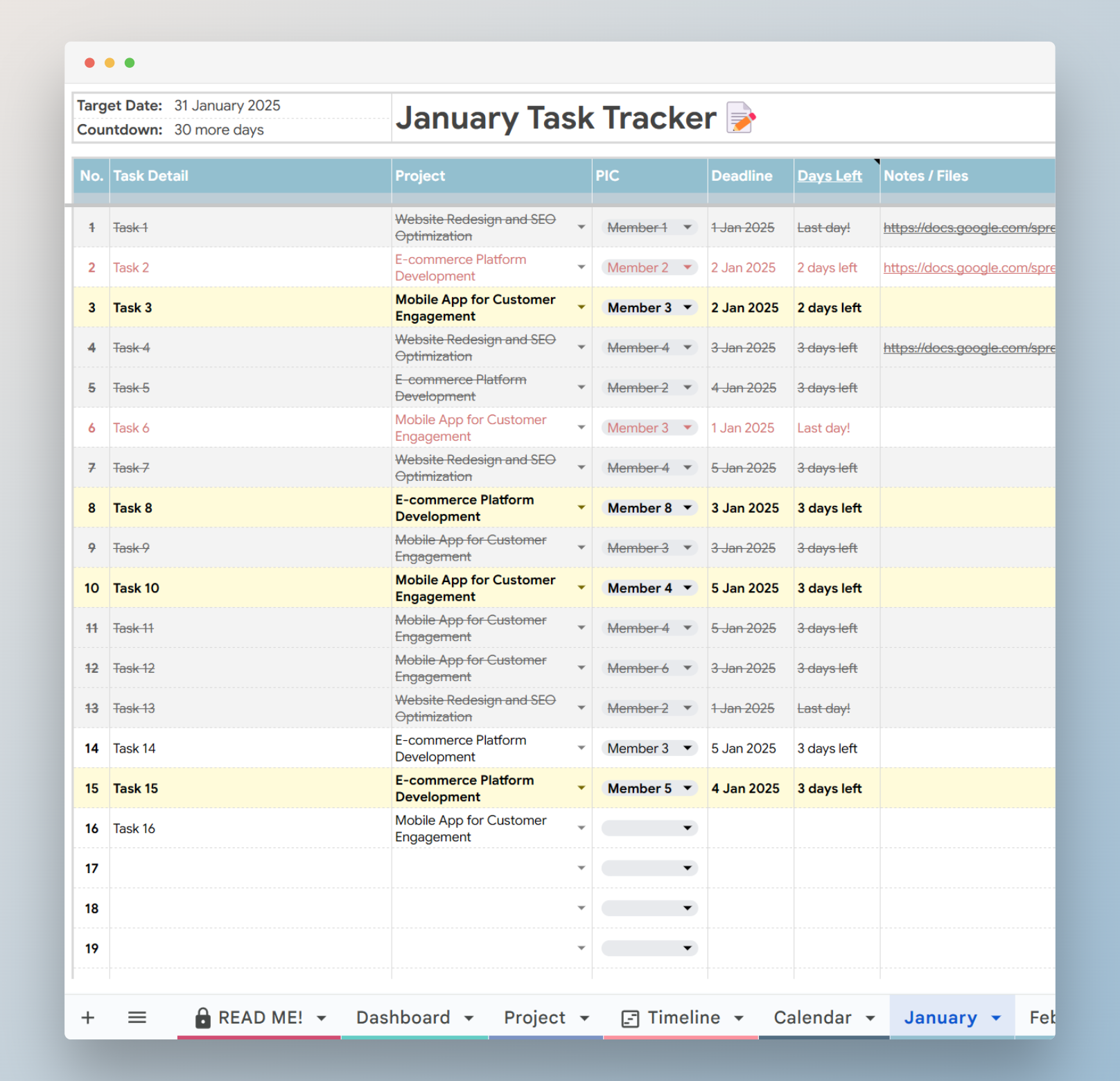 google sheets project management template