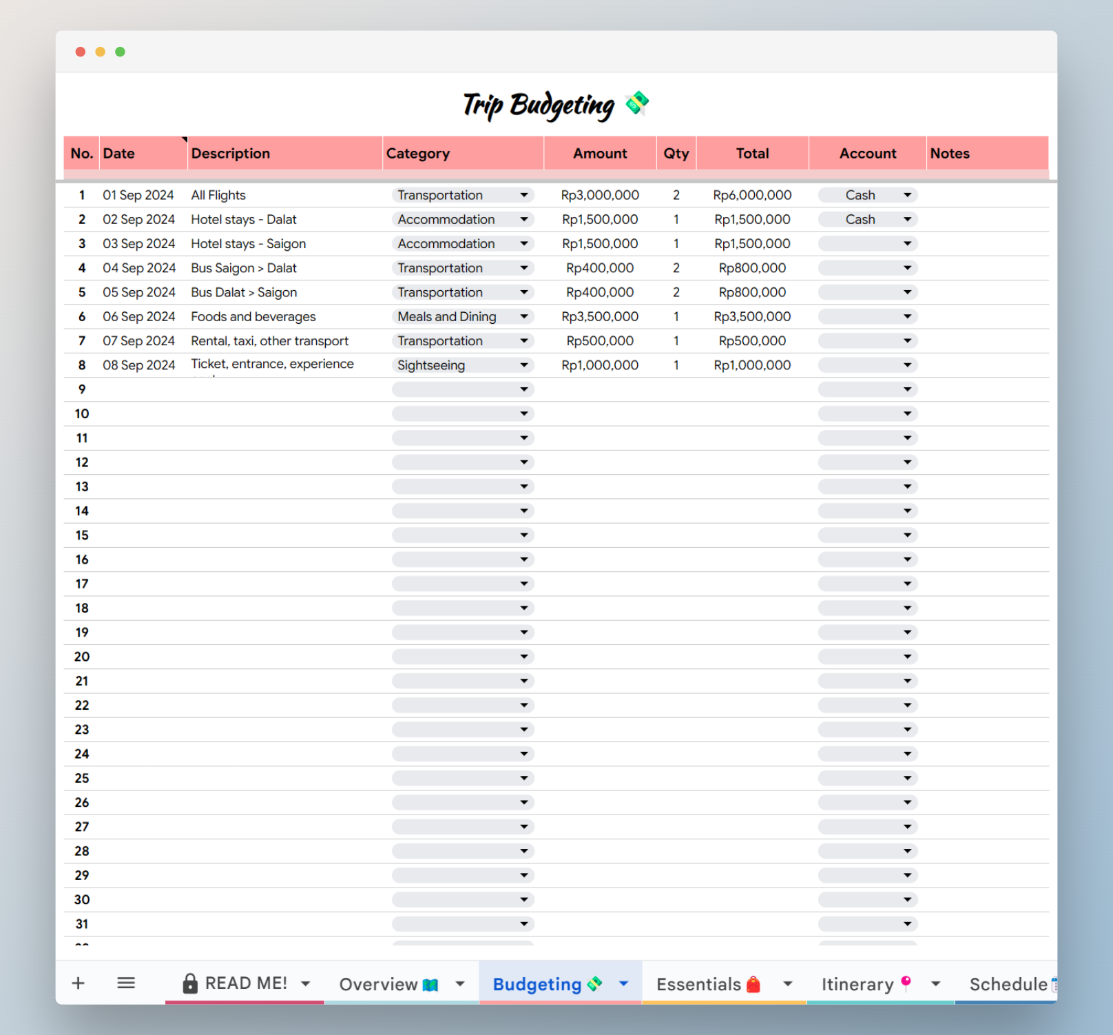template budgeting liburan