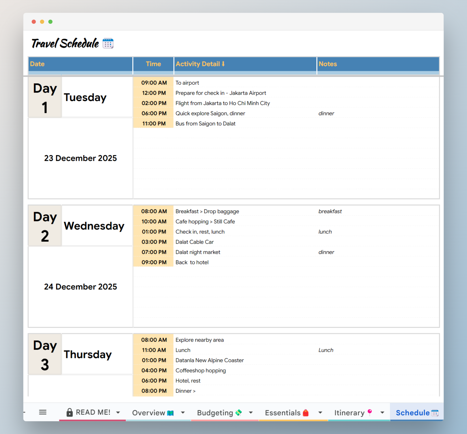 template rundown liburan