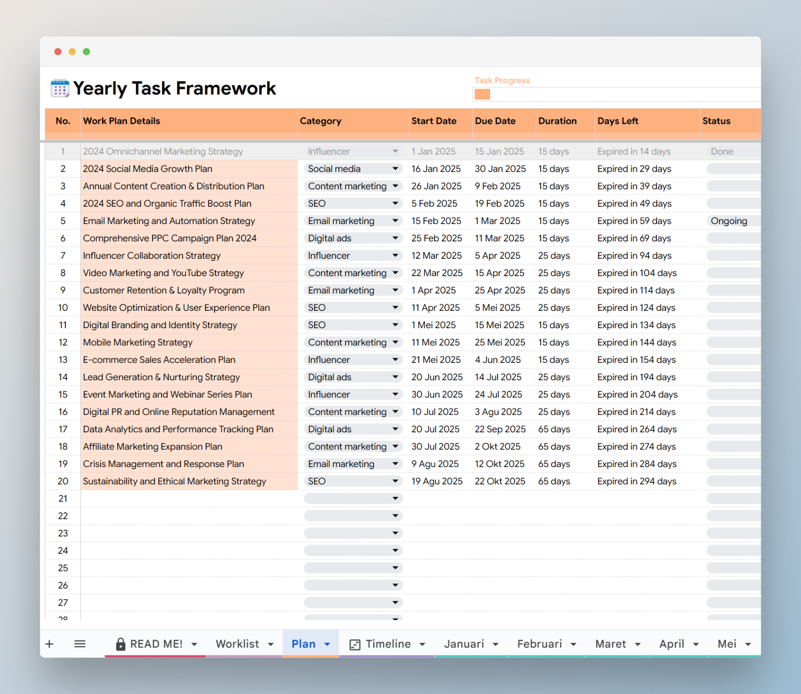 Personal task tracker yearly plan