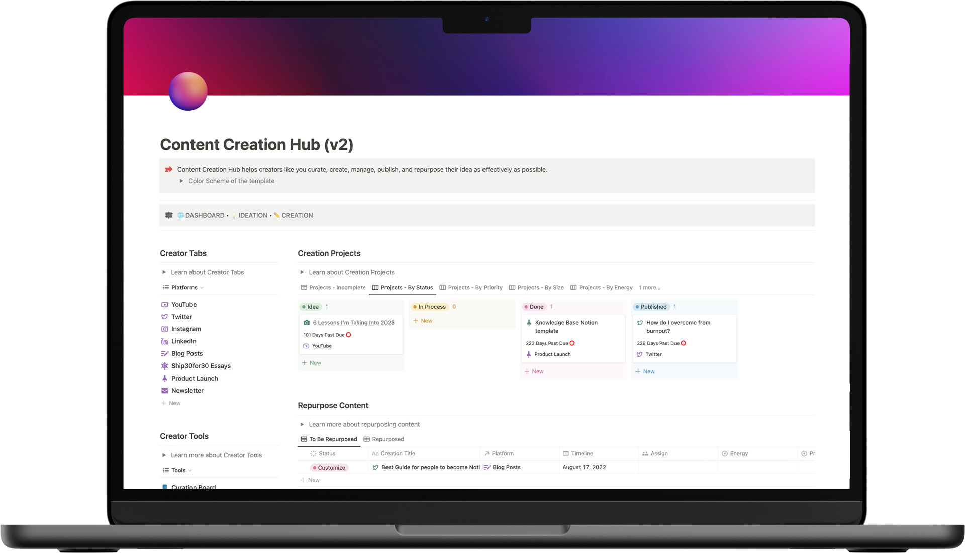 Content Creation Hub       Manage all parts of your Content Creation in Notion