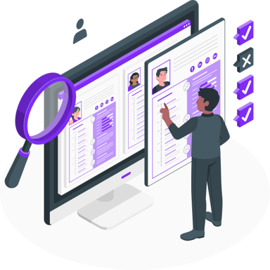 Illustration of an HR recruiter looking resumes on a screen and marking positive and negative checks