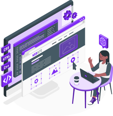 Illustration of a manager checking front end (visual part of a website) and backend (programming part of a website)